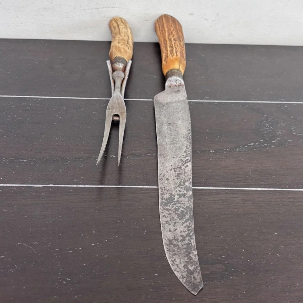 Antique Geo Wostenholm &‎ Sons I*XL Stag Horn Carving Set Sheffield England 2pc